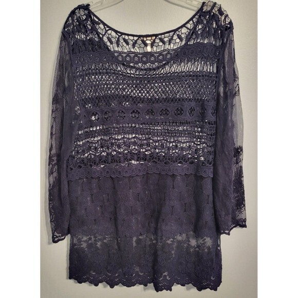 Chico's Blue Long Sleeve Crochet Bodice Sheer Sleeves Top  Blouse‎ Size 1 Medium - Picture 5 of 9